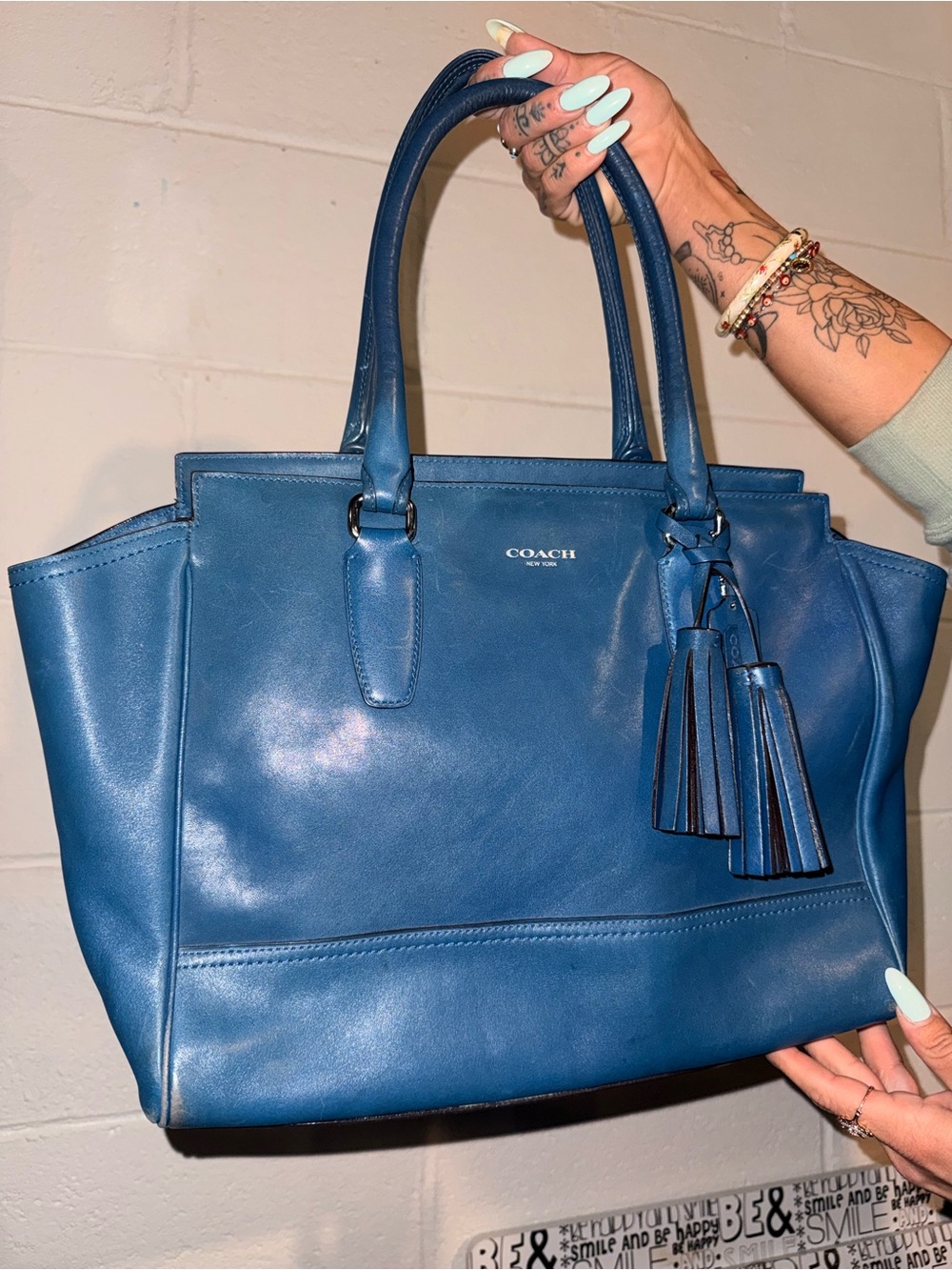 Coach Leather Tote in Deep Blue with Tassel